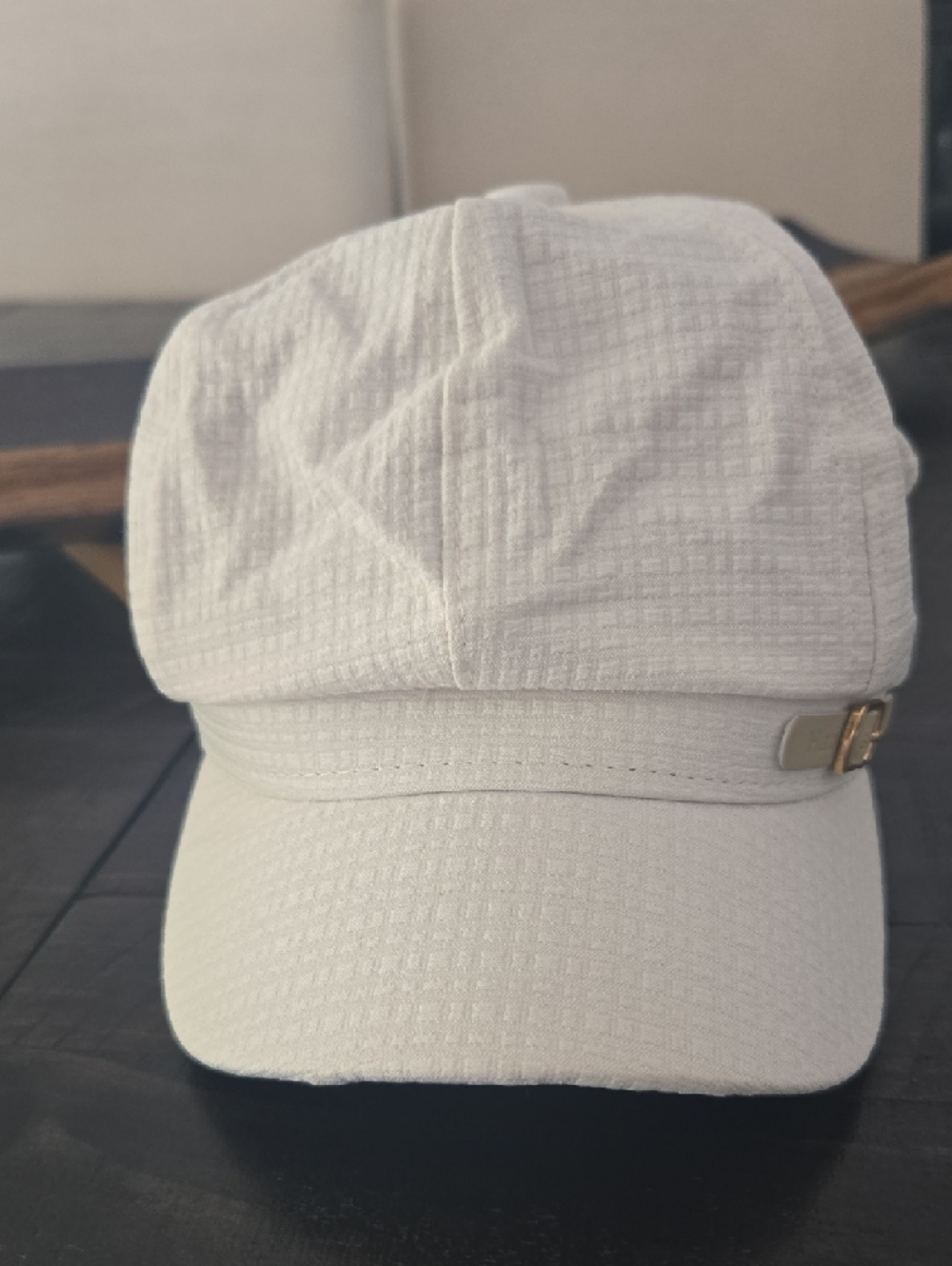 White Textured Newsboy Cap with Gold Accent - Picture 4 of 4